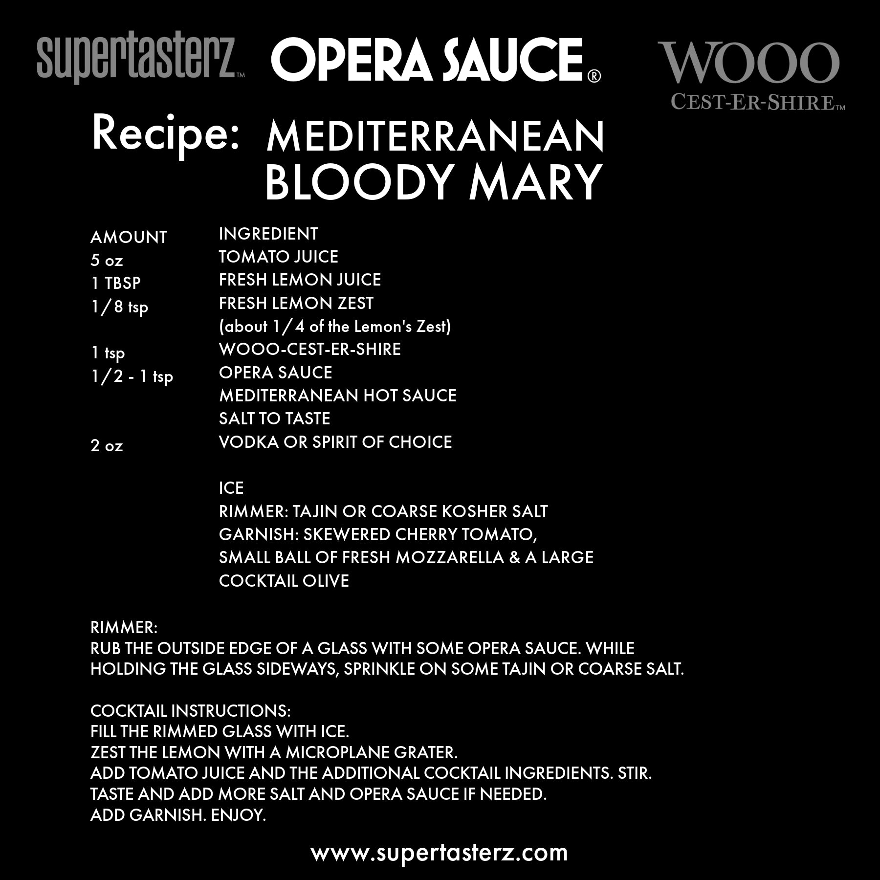 Recipe card for a Mediterranean Bloody Mary with ingredients and preparation instructions. Call 501-327-2182 for more information.