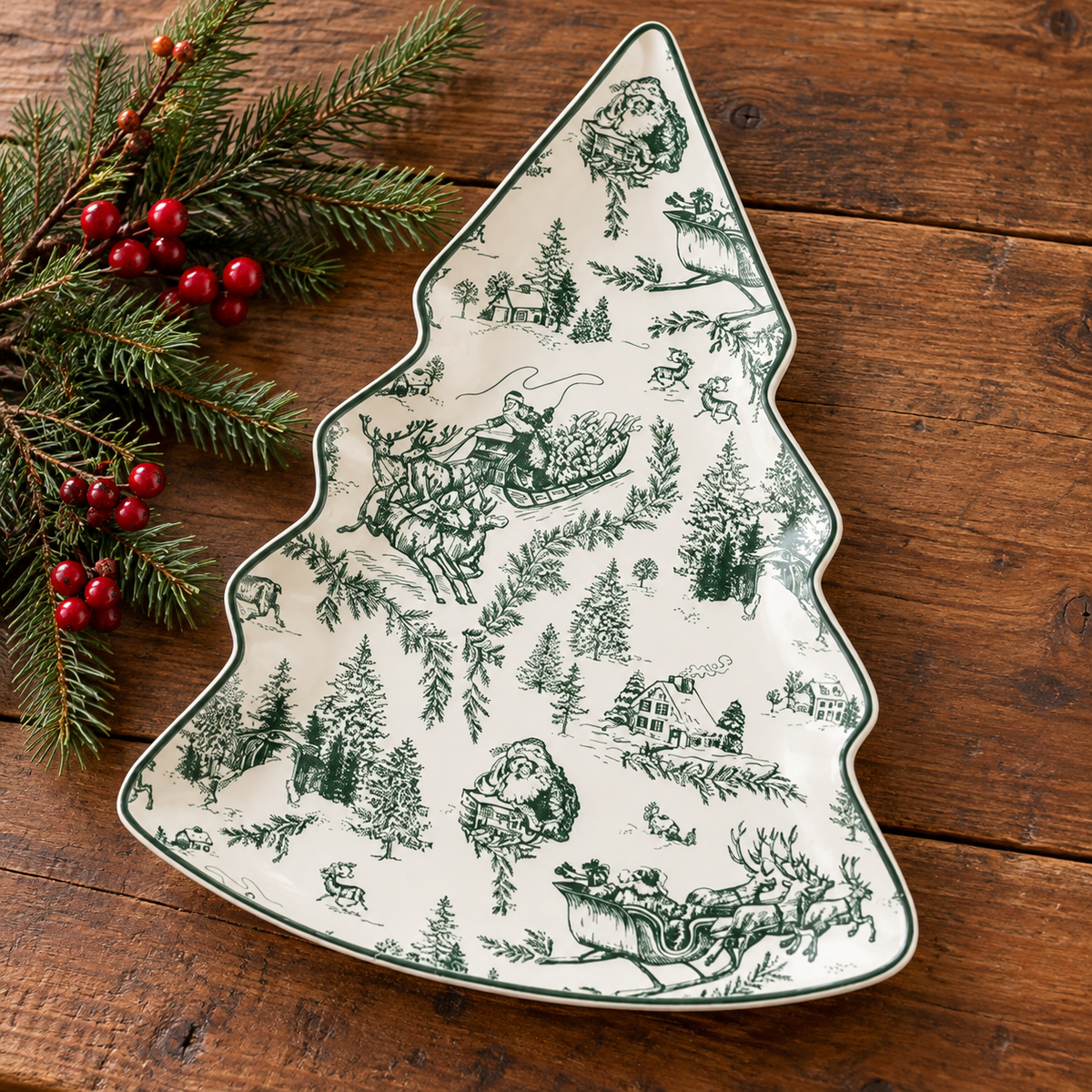 tree shaped platter with green toile christmas design set on a wooden table with a sprig of evergreen next to it