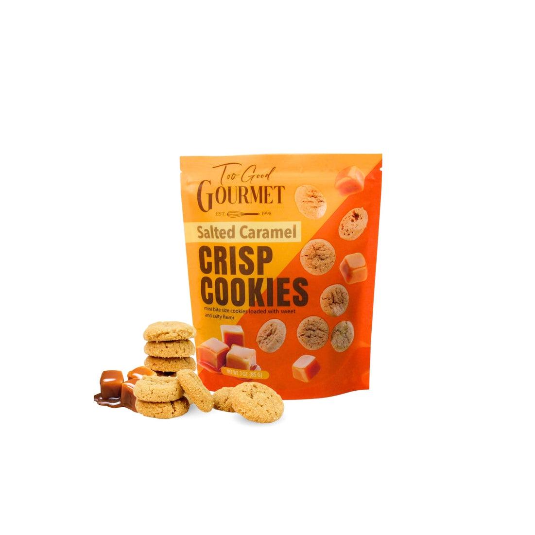 Packaging of 'Too Good Gourmet' salted caramel crisp cookies on a white background with cookies and caramel pieces set in front of the package