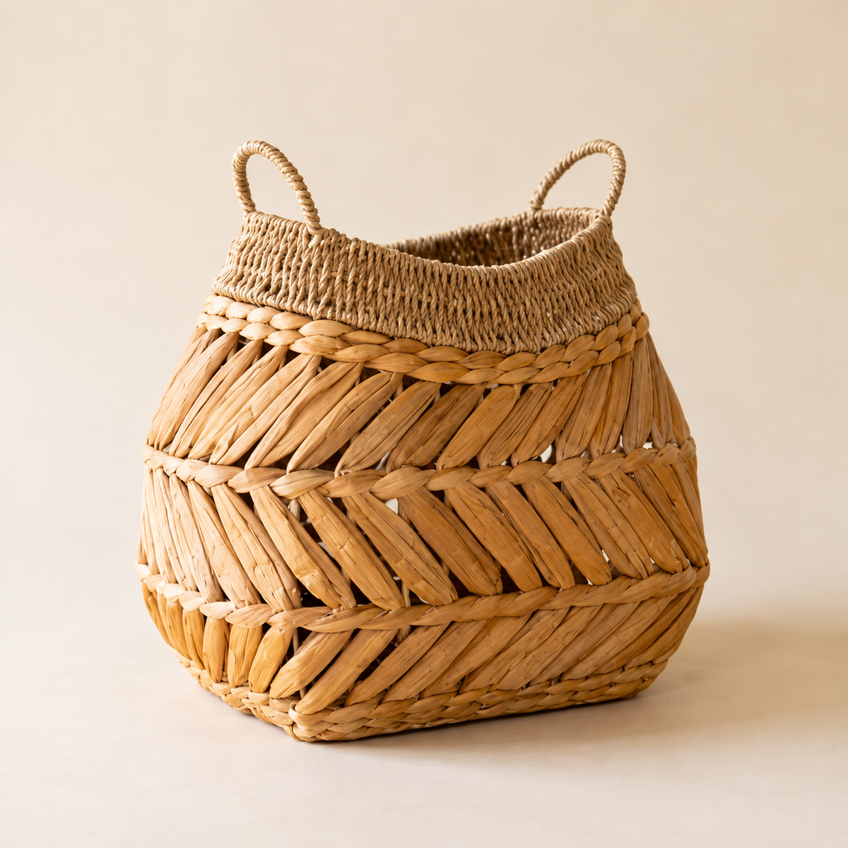 woven hyacinth basket shown on a beige background