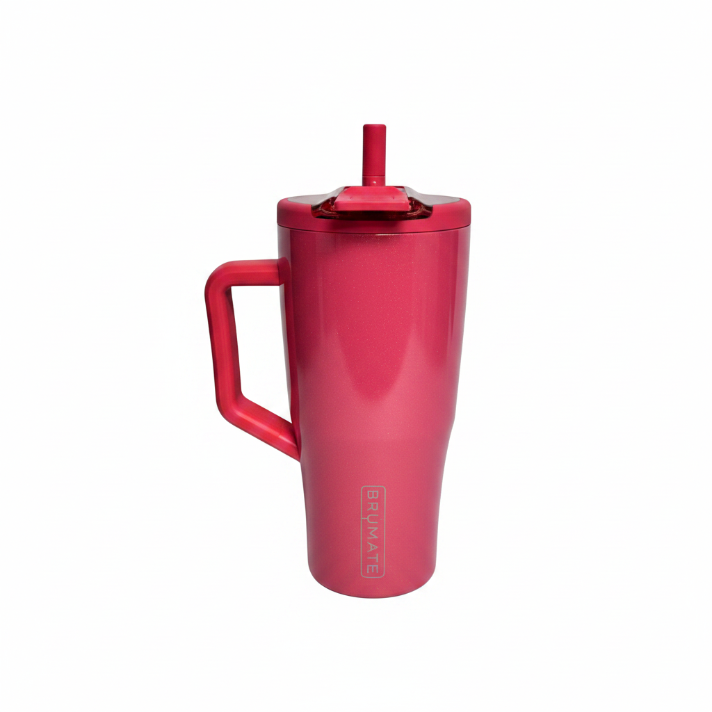 insolated tumbler with straw and handle in a shiny coral color
