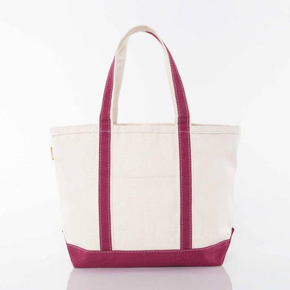 off white tote with maroon trim and handles