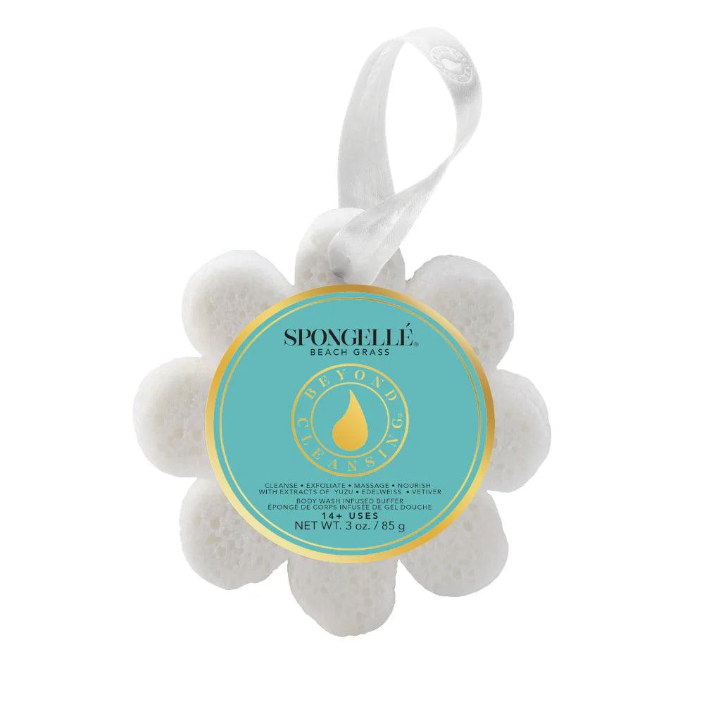 Spongelle Beach Grass bath sponge with a label on a white background