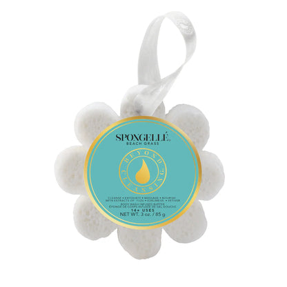 Spongelle Beach Grass bath sponge with a label on a white background