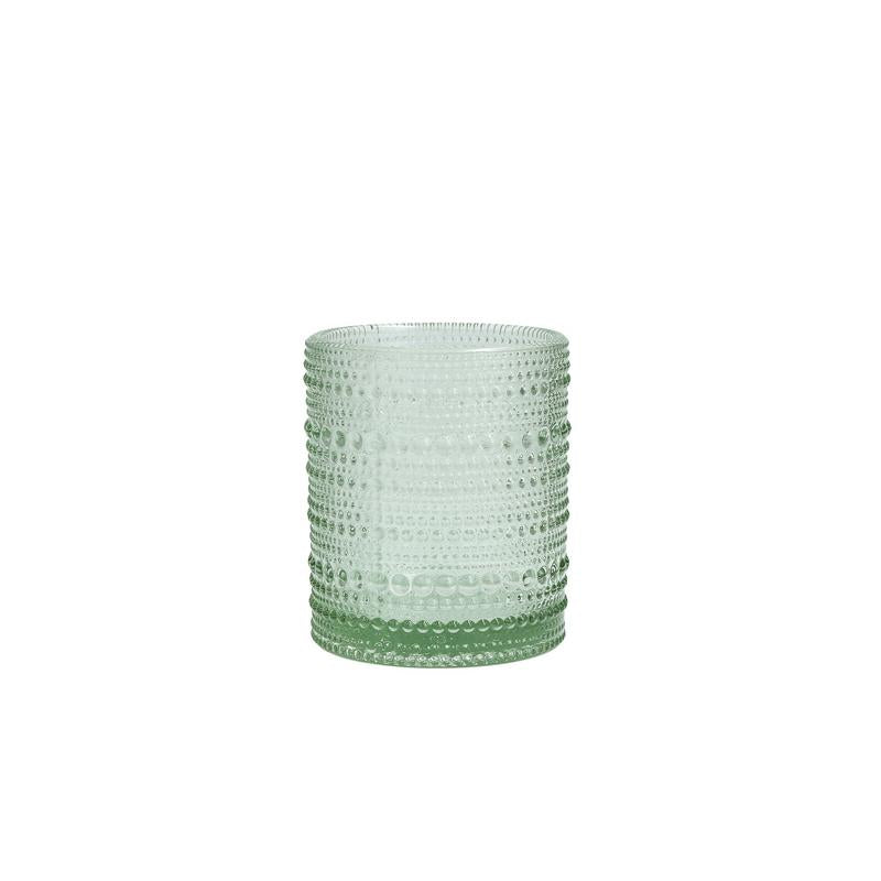 short light green glass with hobnail pattern.