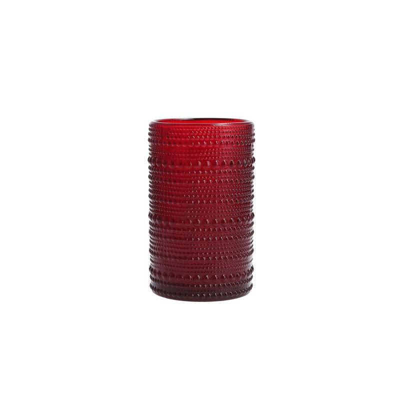 red glass with hobnail pattern.