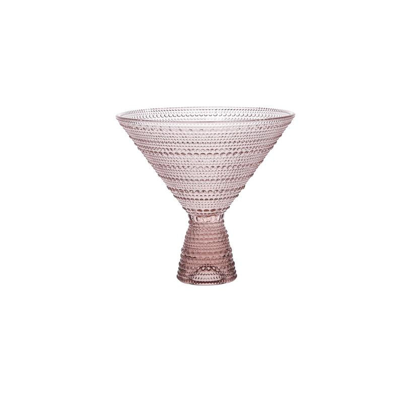 pink martini glass with hobnail pattern.