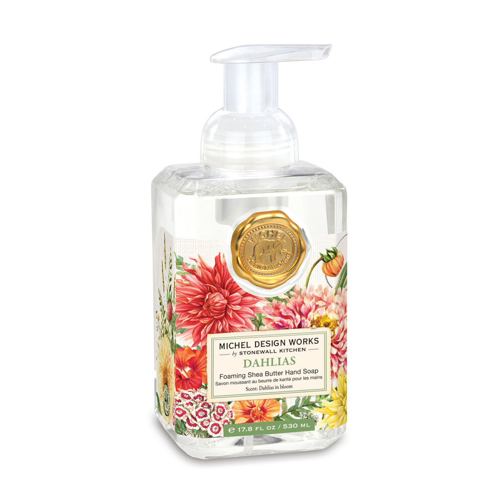bottle of Dahlias Foaming Hand Soap with label printed with colorful dahlias.