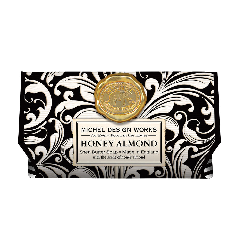 honey almond shea butter bar soap in package on a white background
