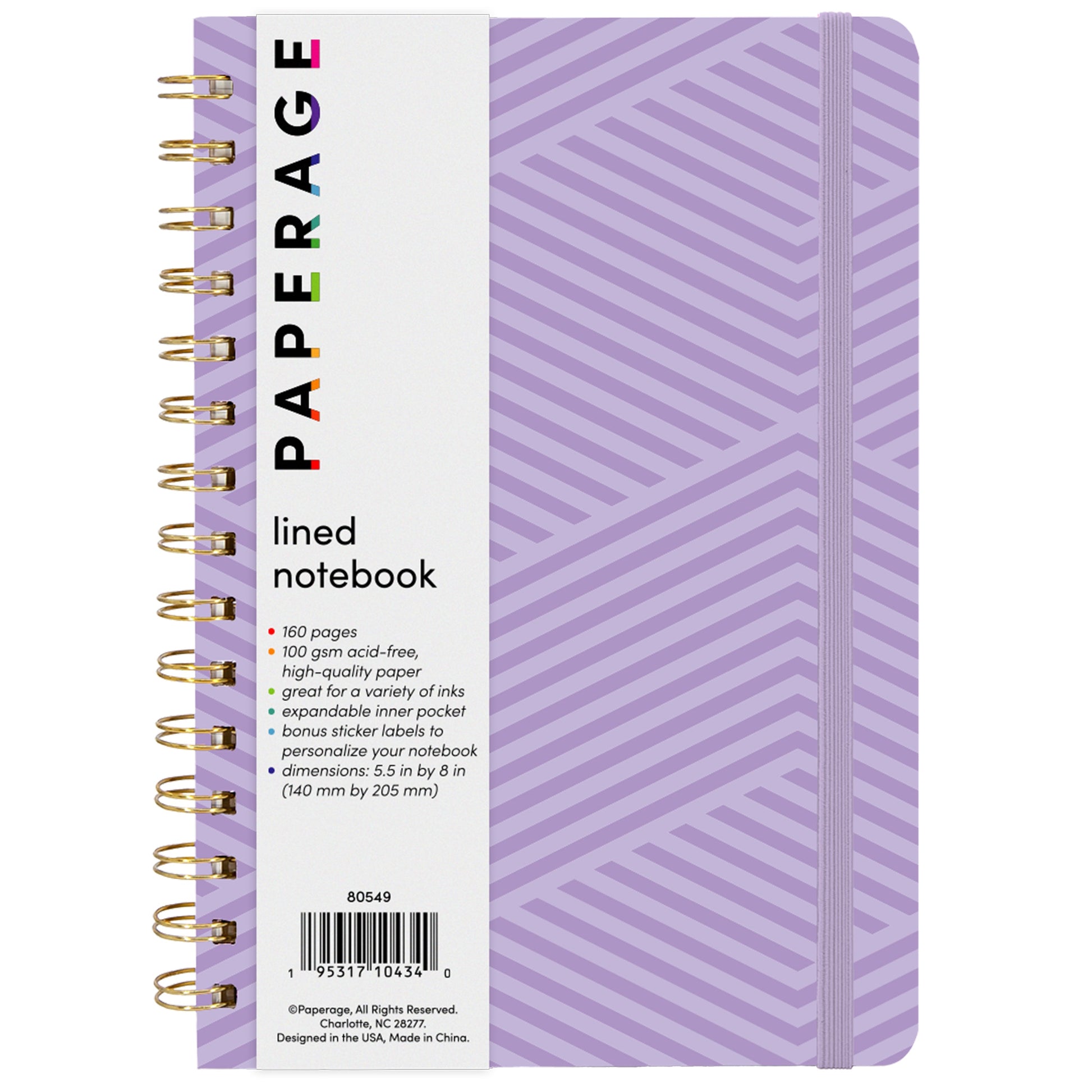 lavender Spiral Notebook with geometric line pattern on the cover
