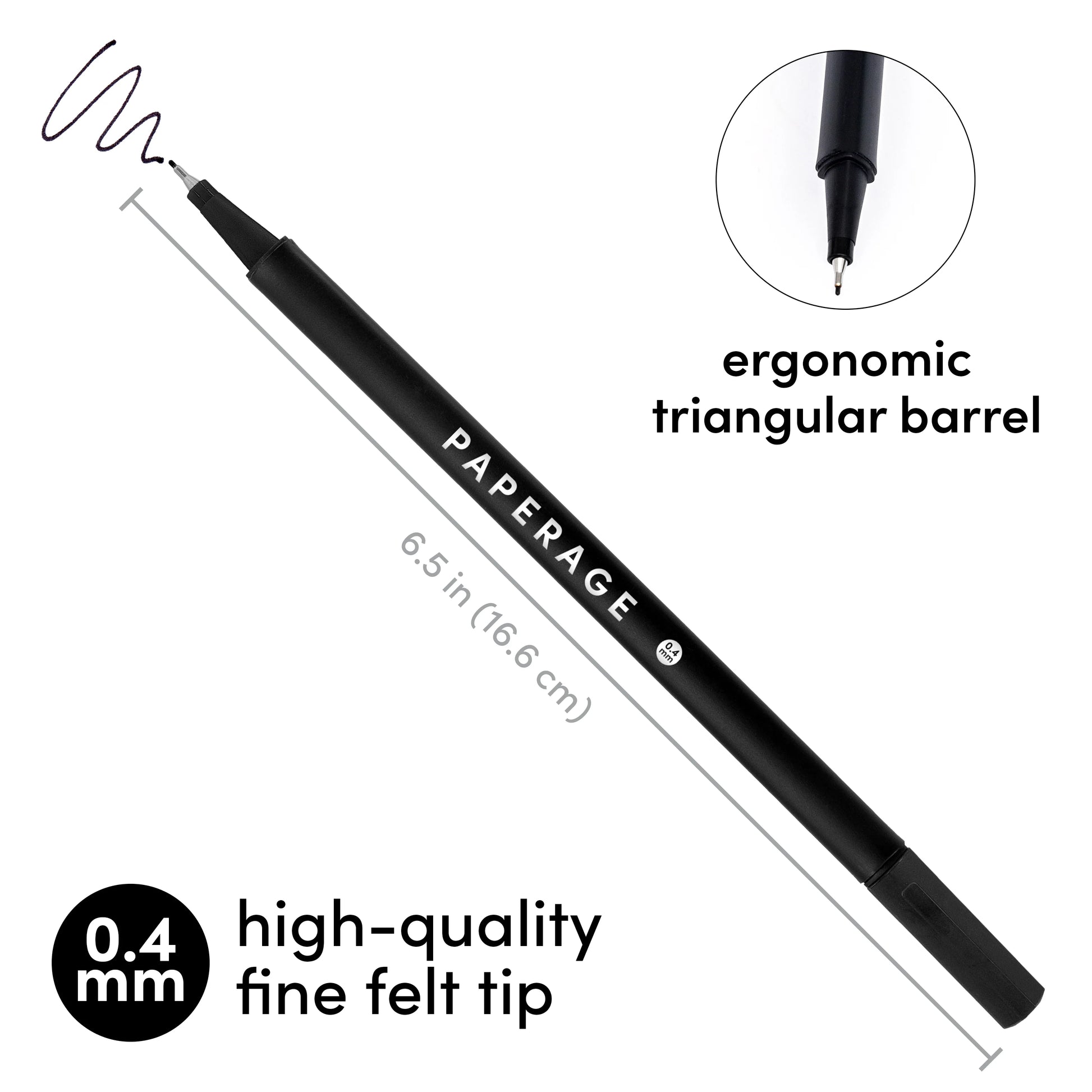 A black PAPERAGE felt pen shown diagonally on a white background with text highlighting its ergonomic triangular barrel, 6.5 in (16.