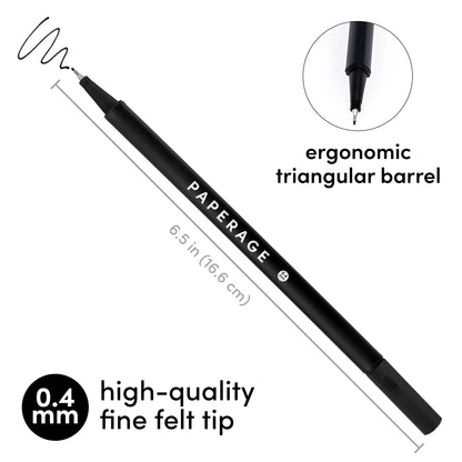 A black PAPERAGE felt pen shown diagonally on a white background with text highlighting its ergonomic triangular barrel, 6.5 in (16.