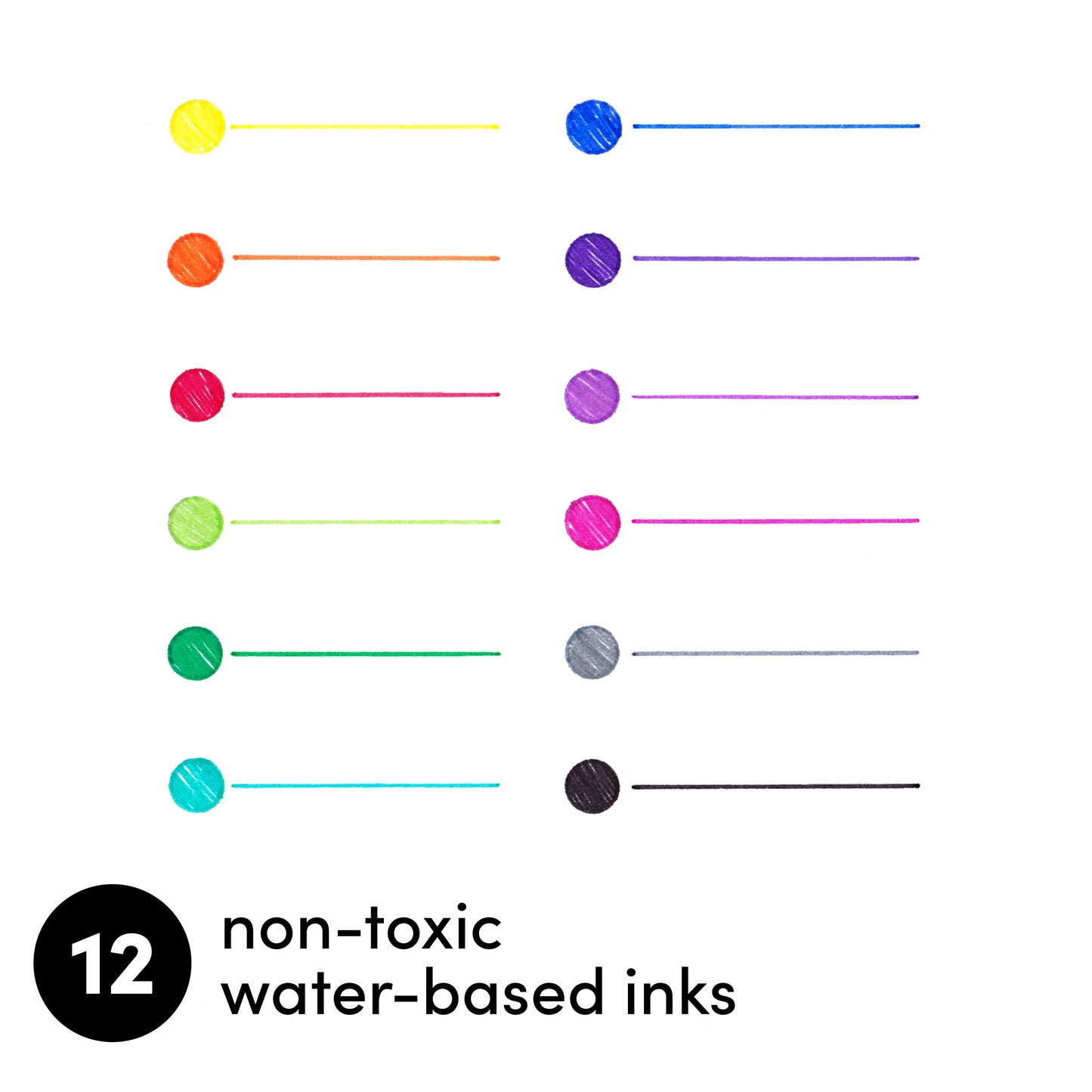 Color swatches with a label indicating 12 non-toxic water-based inks on a white background.