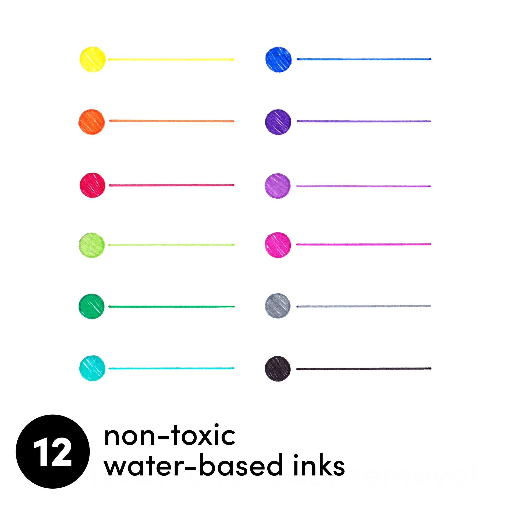 Color swatches with a label indicating 12 non-toxic water-based inks on a white background.