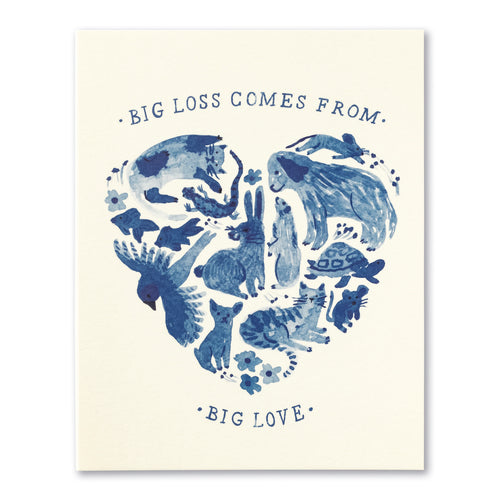 front of card is white with blue animals in the shape of a heart and text listed in title