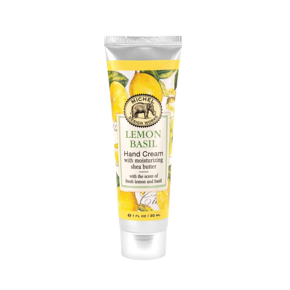 tube of lemon basil hand cream with lemon patterned label