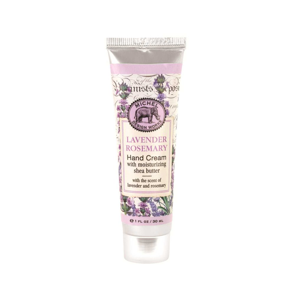 tube of lavender rosemary hand cream with a lavender and floral patterned label