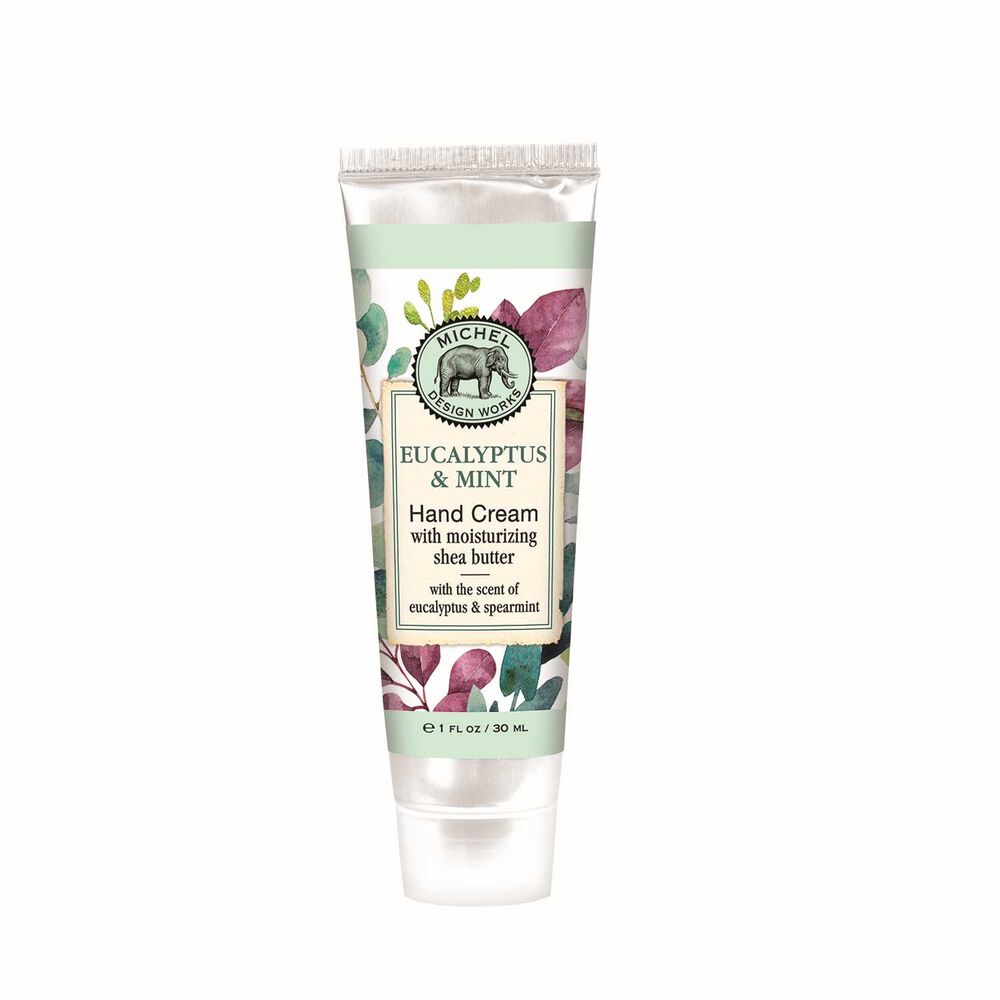 tube of eucalyptus and mint hand cream with a watercolor design of eucalyptus label