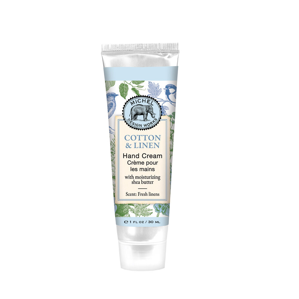 tube of cotton linen hand cream with bird and floral label