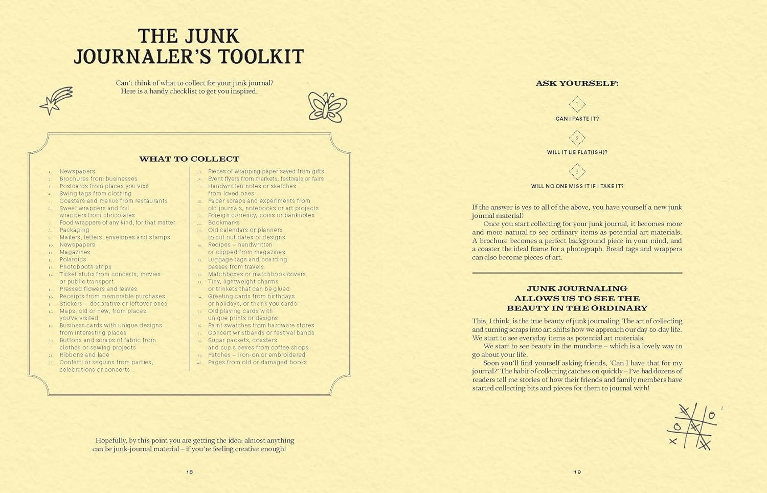 pages from book with Instructions for junk journaling on a yellow background with text and icons.