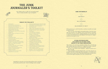 pages from book with Instructions for junk journaling on a yellow background with text and icons.