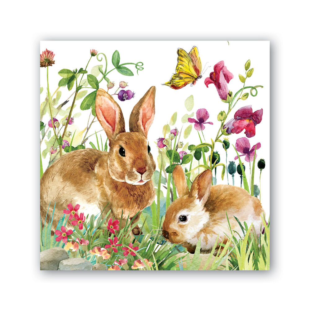 Square beverage bunny meadows paper napkin on a white background.