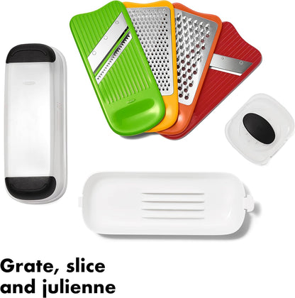 all parts of the Good Grips Complete Grate & Slice Set arranged on a white background with text "grate, slice and julienne" in the bottom corner.