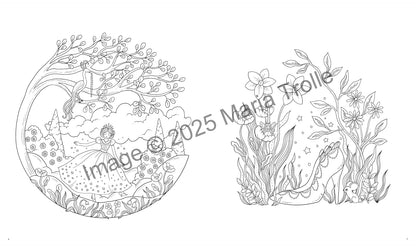 inside pages of Fairytale Worlds Coloring Book with line drawings of a princess and slipper