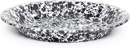 black splatter ware pie plate on a white background.