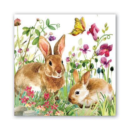 Square luncheon bunny meadows paper napkin on a white background.