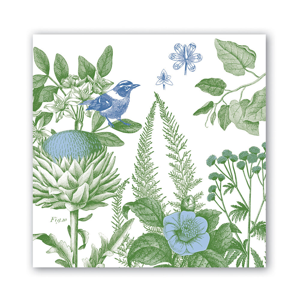 Cotton & Linen Luncheon Napkins printed with blue and green foliage and a blue bird.