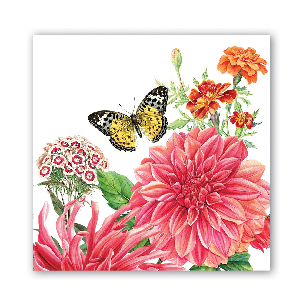 Dahlias Luncheon Napkins printed with dahlias and marigolds and a butterfly fliting between them.