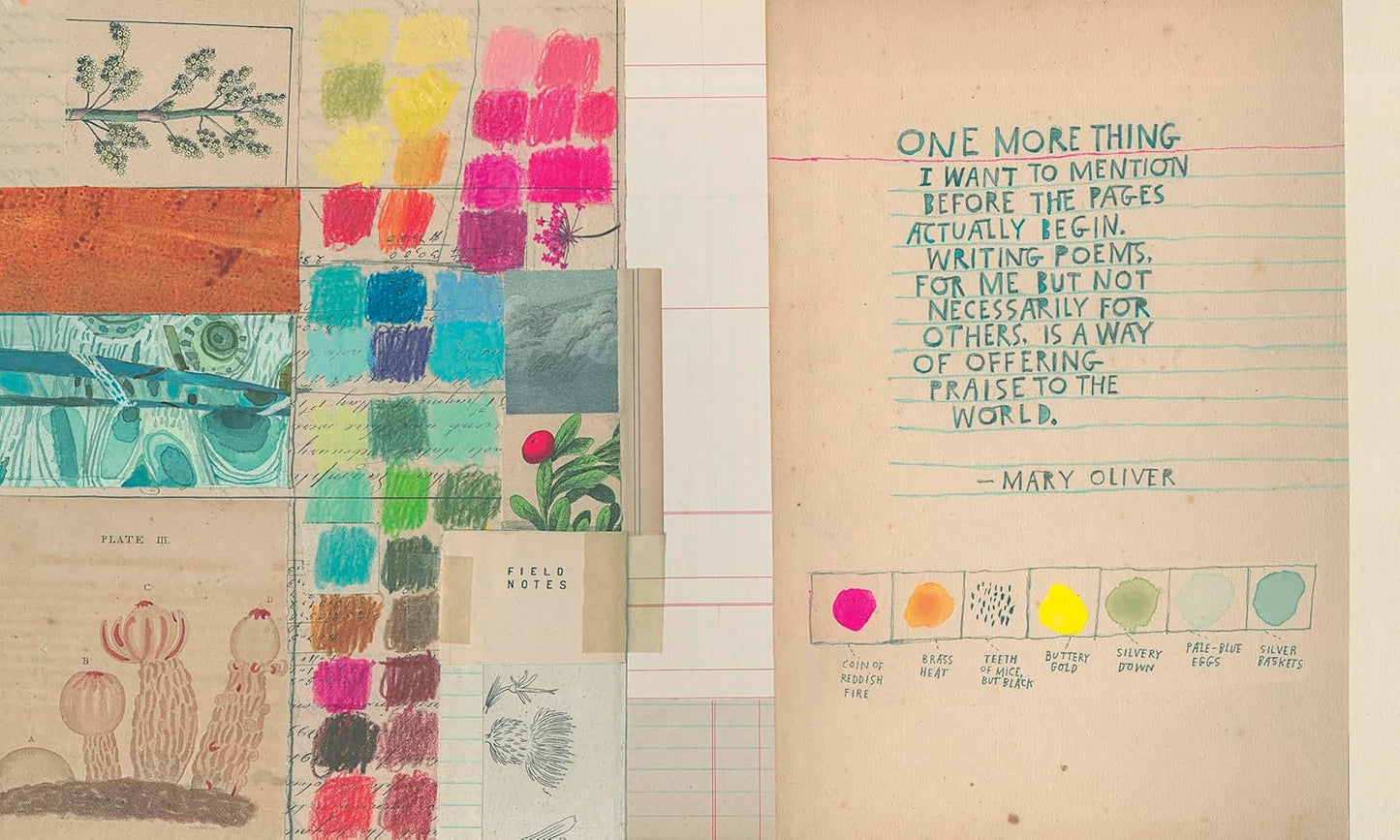Artistic collage with text and color swatches on a textured background