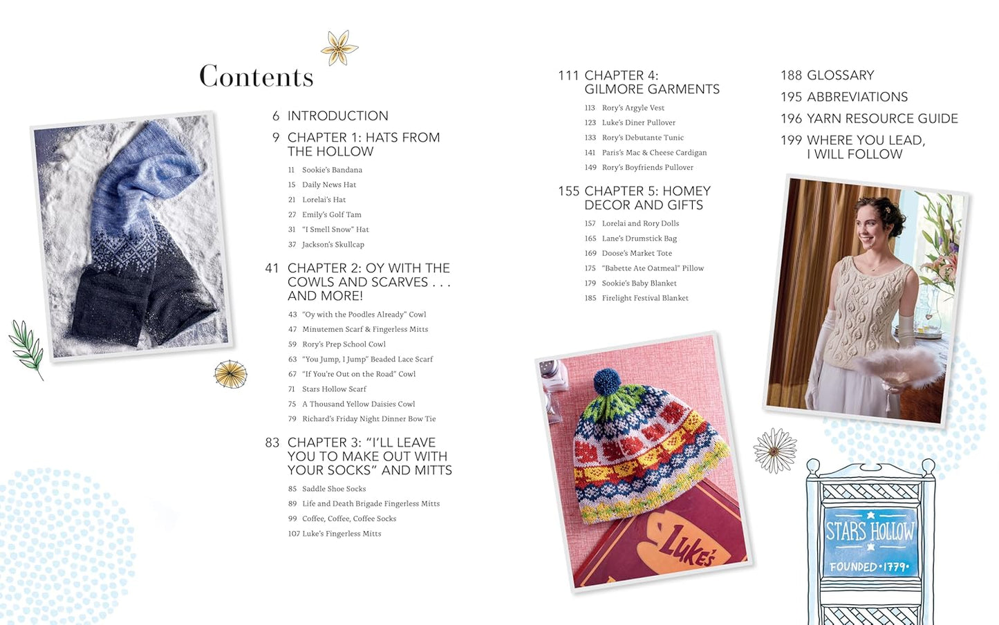 Table of contents for a knitting pattern book with images of scarves and a woman.