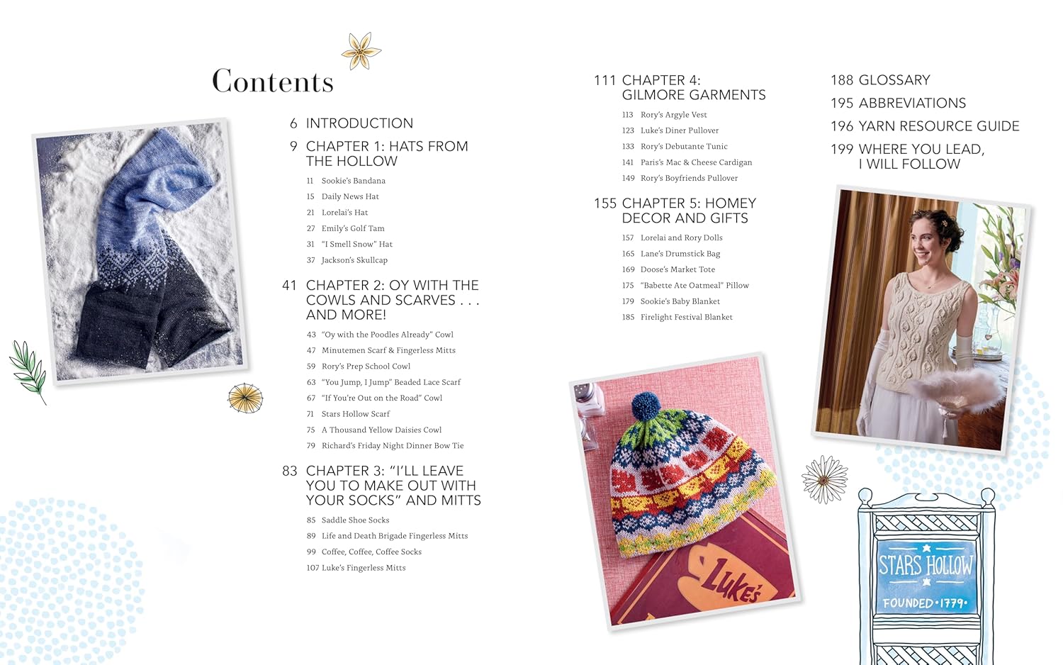 Table of contents for a knitting pattern book with images of scarves and a woman.