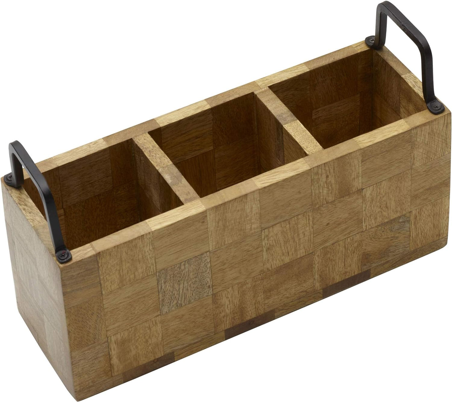 wooden 3 section caddy with metal handles.