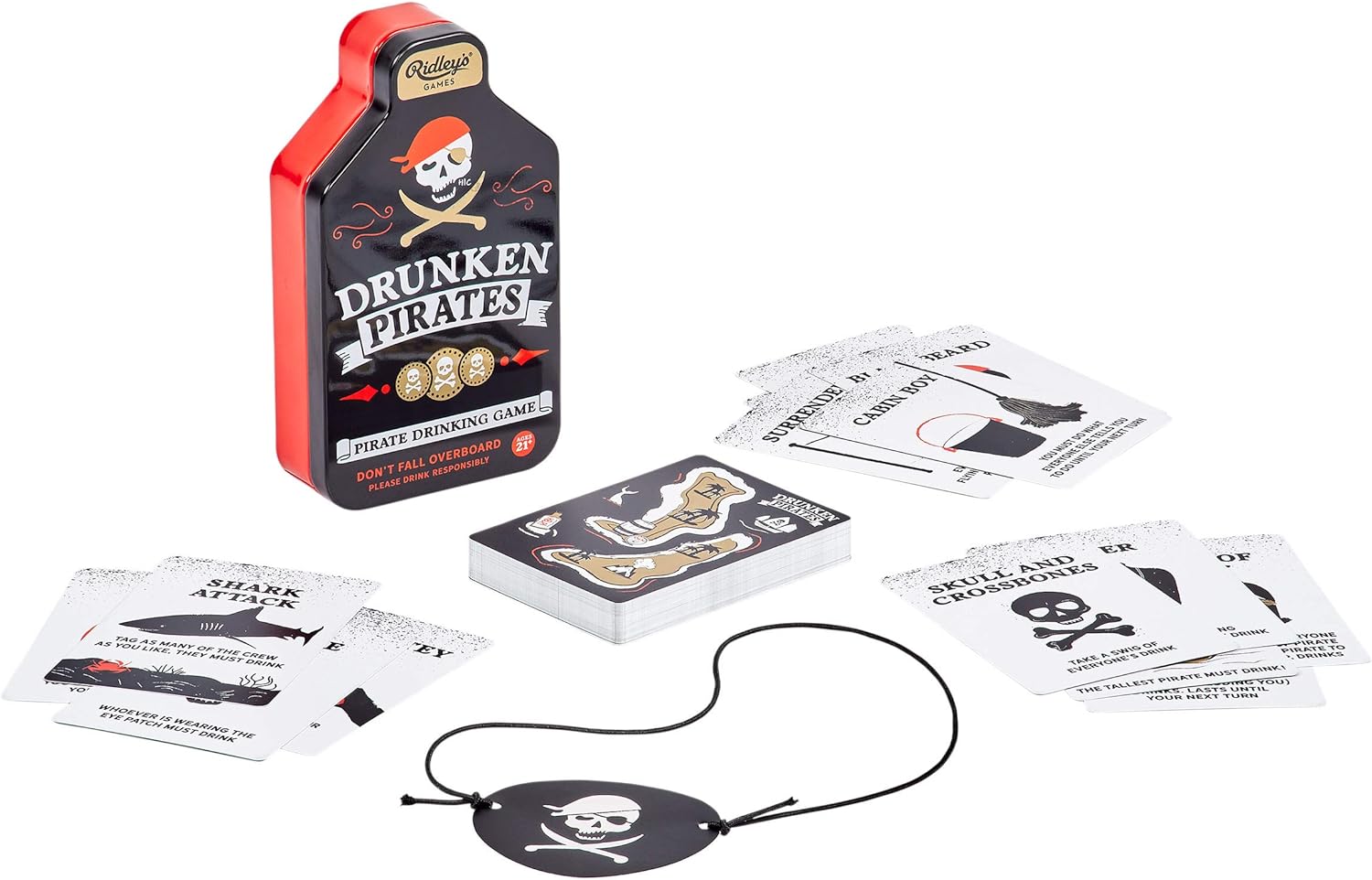 tin and cards for the drunken pirates card games arranged on a white background.