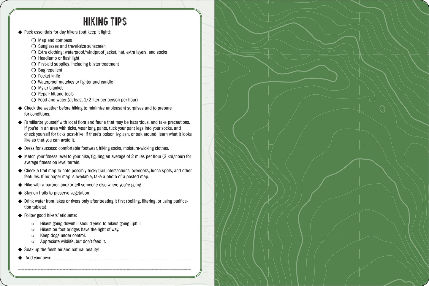 hiking tips page of book.