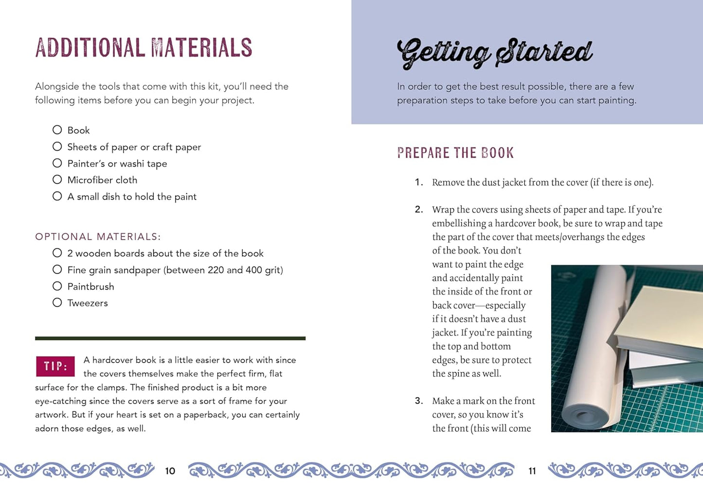 Instructions for preparing a book for painting, including materials and steps.