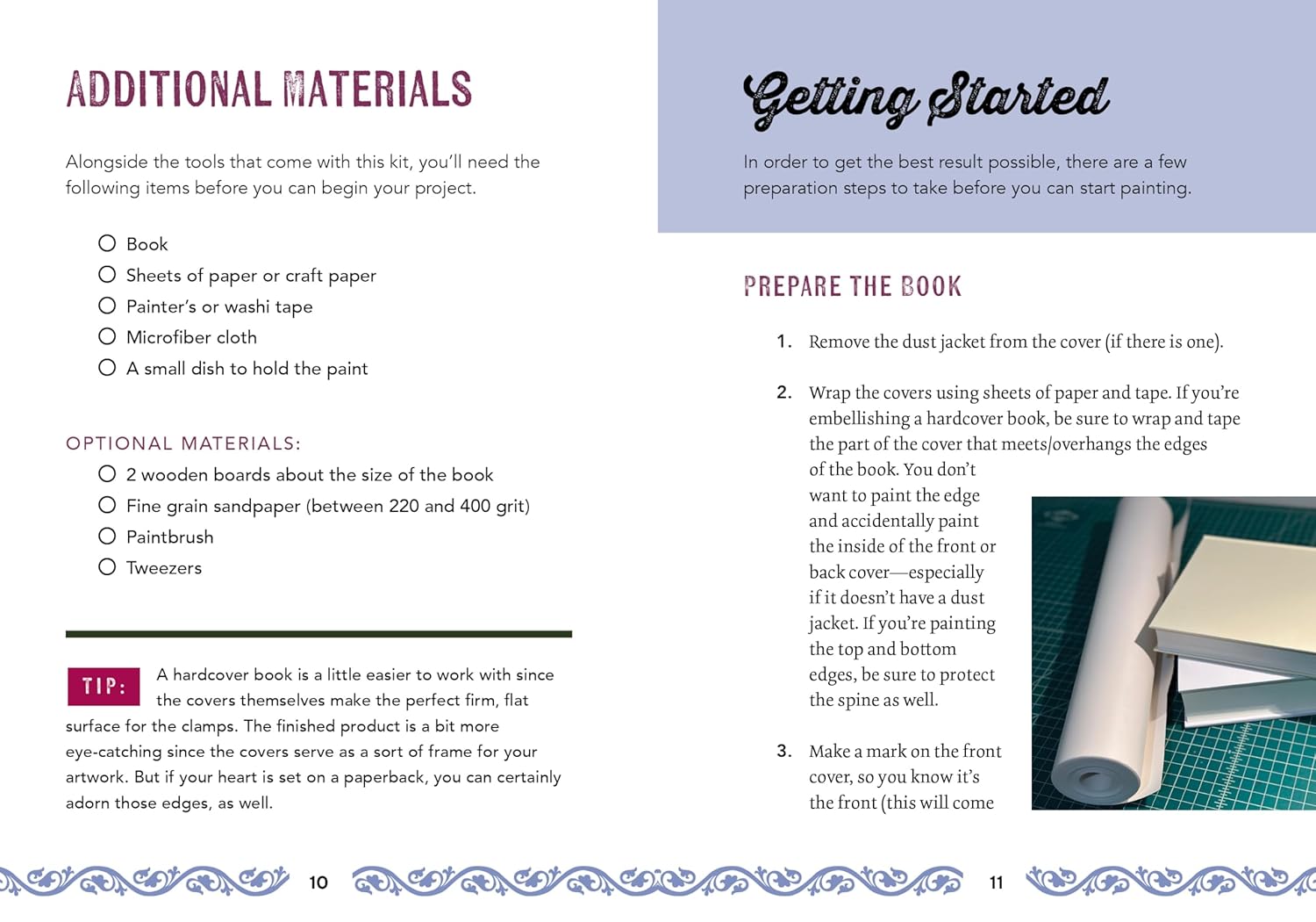 Instructions for preparing a book for painting, including materials and steps.