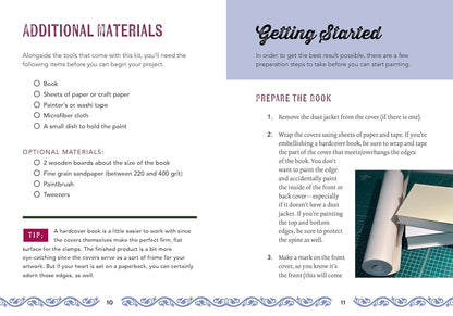 Instructions for preparing a book for painting, including materials and steps.