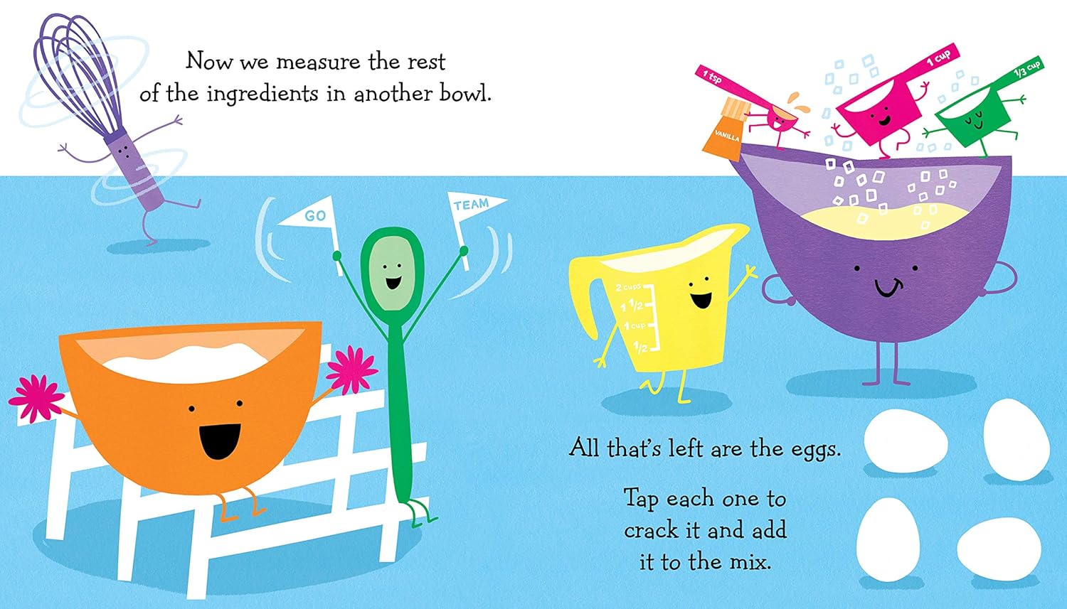 Illustrated page from a children's book showing kitchen utensils and ingredients with text about measuring ingredients.