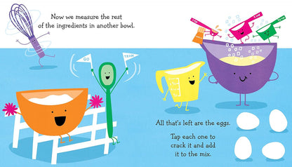 Illustrated page from a children's book showing kitchen utensils and ingredients with text about measuring ingredients.