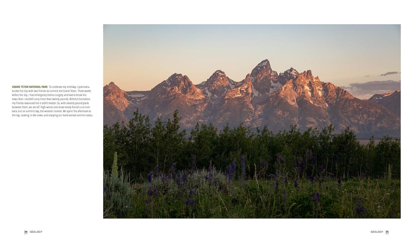 sample pages from Park Lands book with image of Sunset over the Teton Range with a grassy foreground