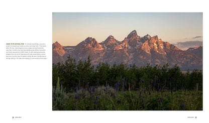 sample pages from Park Lands book with image of Sunset over the Teton Range with a grassy foreground