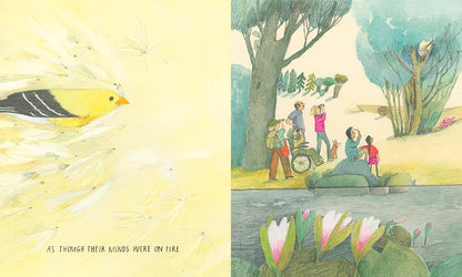 Illustration of a yellow bird on the left and a family by a pond on the right, with text 'As though their minds were on fire'.