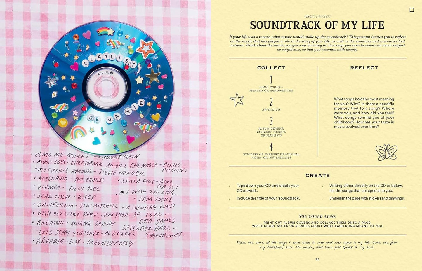 pages from book with Decorative CD with colorful designs on a pink checkered background, accompanied by text and checkboxes.