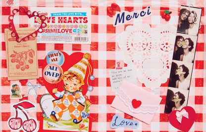 pages from book with Collection of vintage-style greeting cards and decorations on a red and white checkered background.