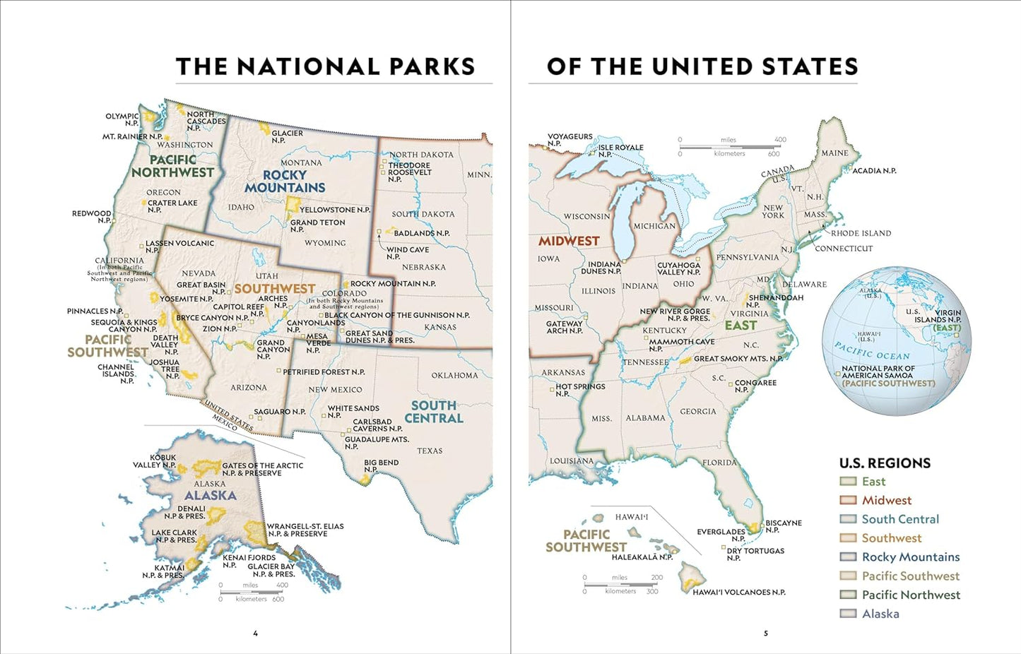 inside pages of book showing united states map of national parks.