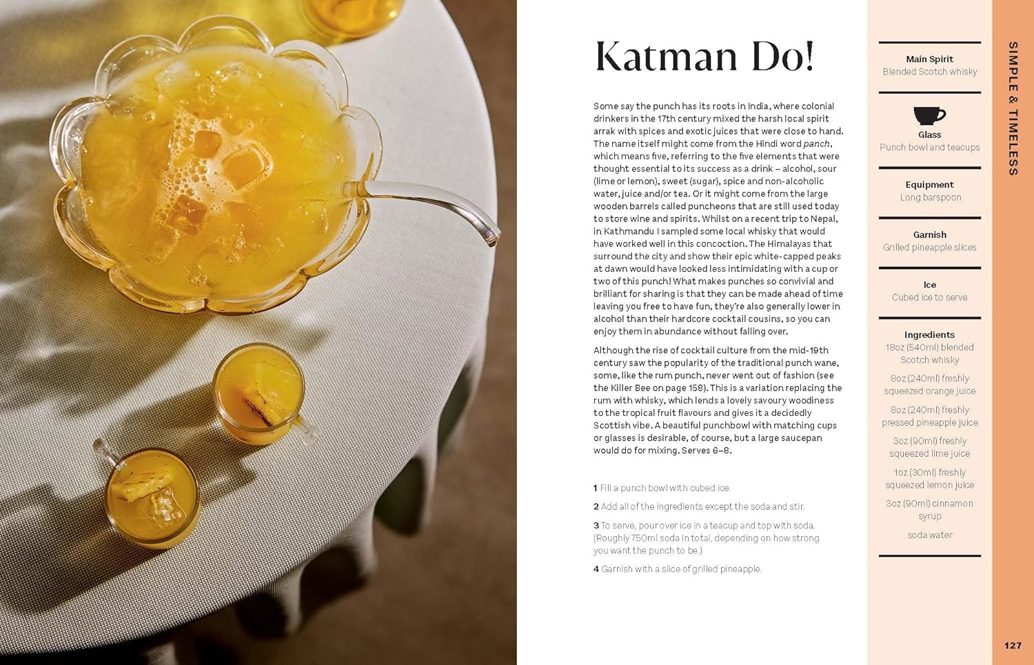 sample pages from Cocktail Diaries book with cocktail in floral glass on a white plate with text on the right side.